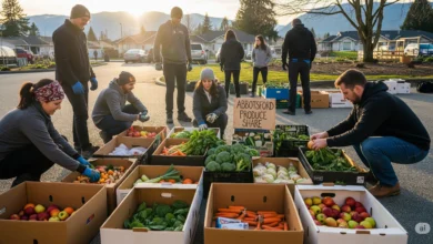 Neighbors sorting fresh produce boxes for a community bulk-buy produce share in Abbotsford, British Columbia.
