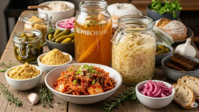 Assorted fermented foods including kimchi, sauerkraut, and kombucha displayed on a rustic wooden table