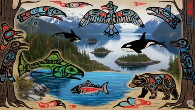 AI-generated digital art featuring Indigenous storytelling motifs over British Columbia's natural landscapes