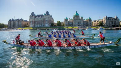 Dragon boat teams paddling vigorously across Victoria’s Inner Harbour during the annual Dragon Boat Festival under clear sunny skies.
