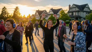 Oak Bay residents dancing outdoors at sunset wearing wireless headphones during a silent disco event.