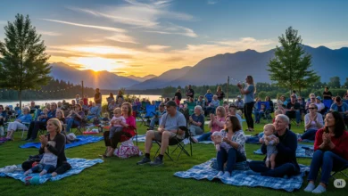 Audience enjoying a summer evening at Fraser River Heritage Park during the Mission Twilight Concert Series, with mountains in the background.