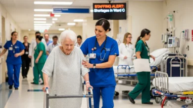 Fraser Health nurse assisting a senior patient in a hospital hallway amid staff shortages