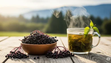 Fresh elderberries and a steaming cup of nettle tea on a rustic farm table in Fraser Valley, British Columbia