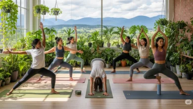A diverse group of women practicing yoga in a bright, plant-filled studio in Fraser Valley, BC.