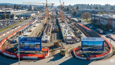 Aerial view of Surrey–Langley SkyTrain extension construction site with cranes, signage, and transit development in progress