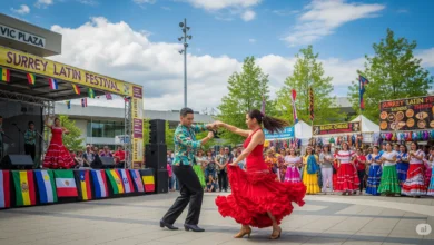 Dancers performing vibrant salsa at Surrey Latin Festival in Civic Plaza, showcasing Latin culture and community celebration.
