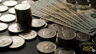 Close-up of Canadian coins and U.S. dollar bills symbolizing the falling exchange rate of the loonie in 2025