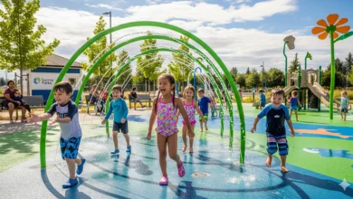 Children running through water jets at a kid-friendly spray park in Surrey, BC