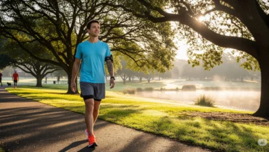 Person enjoying a morning walk in the park, embodying a science-backed daily wellness routine for improved health and energy