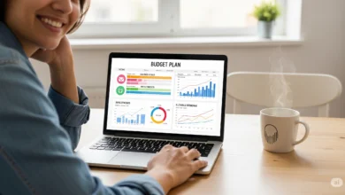 Person happily reviewing a flexible, life-fueling budget plan on a laptop with a coffee mug nearby, symbolizing financial confidence and freedom.