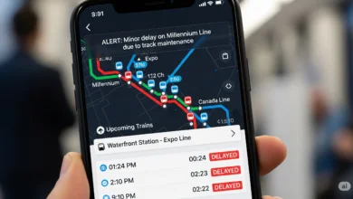 Live SkyTrain tracking app showing real-time train positions, delays, and alerts in Vancouver