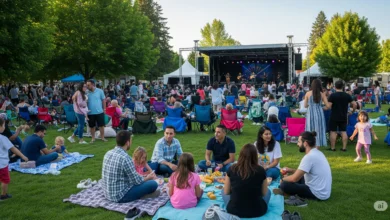 Families enjoying a free outdoor concert at Jubilee Park in Abbotsford during a summer evening