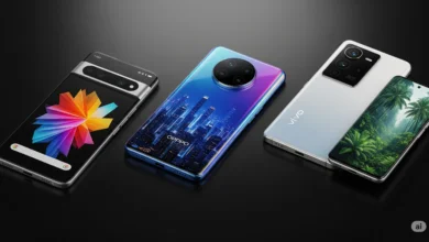 Flagship smartphones Pixel 10, OPPO Turbo, and Vivo V60 displayed with premium design and vibrant screens