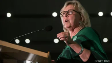 Elizabeth May speaking at a Green Party rally, announcing her plan to step down as Greens leader after the next federal election.