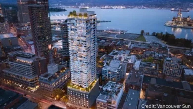 Downtown Vancouver skyline at sunset with high-rise condos and mountains, representing the city’s 2025 housing affordability challenges