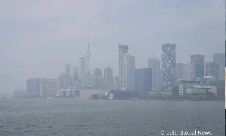 Hazy skyline of the Central Fraser Valley with wildfire smoke reducing visibility and air quality