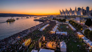 Aerial view of Vancouver waterfront festival crowd at sunset before new safety measures