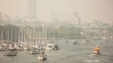 Smoky Vancouver skyline with wildfire haze during Metro Vancouver air quality warning