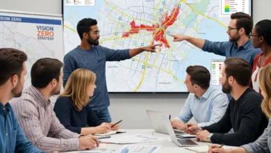 City engineers and planners reviewing a Surrey road safety map with hot-spot intersections and collision data during Vision Zero strategy planning