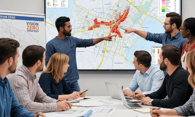 City engineers and planners reviewing a Surrey road safety map with hot-spot intersections and collision data during Vision Zero strategy planning