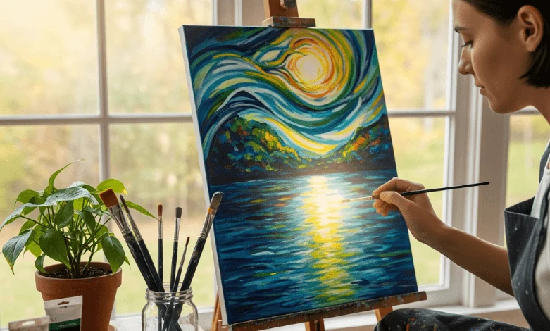 Person painting on a canvas, representing weekly creative practice and its impact on mental health.