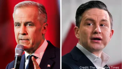Mark Carney and Pierre Poilievre face each other in a Canadian political debate highlighting economic policy, trade tensions, and leadership choices.