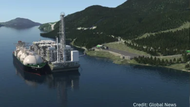 Haisla Nation leaders in safety gear reviewing Cedar LNG terminal site with Douglas Channel and BC Hydro lines in background