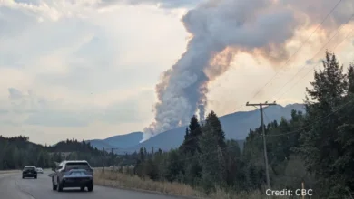 Flames and thick smoke rising near the Coquihalla Highway during the Mine Creek wildfire.