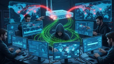 Illustration of Salt Typhoon hackers exploiting router vulnerabilities to infiltrate global telecom networks