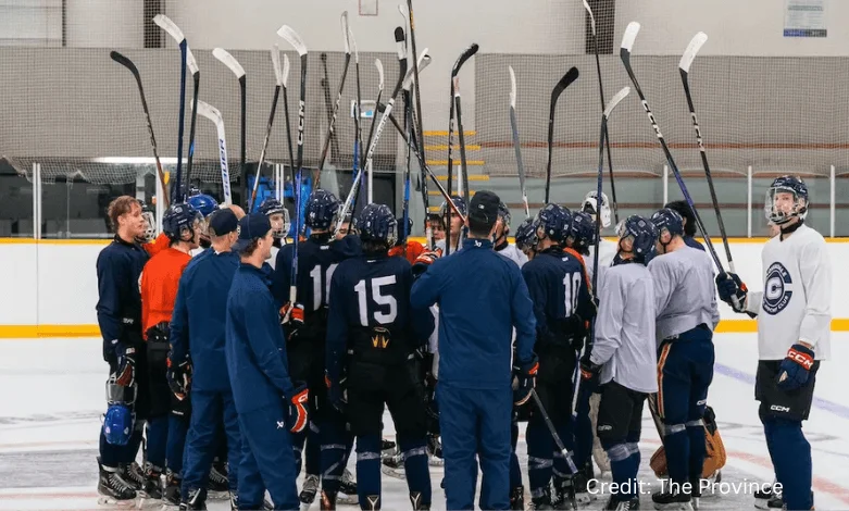Cloverdale Colts players skating during practice on home ice before being excluded from the PJHL league