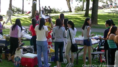 Families enjoying a picnic at Stanley Park’s Second Beach with kids playing near the water