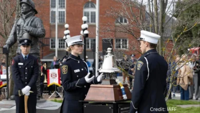 Firefighters and community members gather at Jack Poole Plaza in Vancouver for the 2025 Firefighters’ National Memorial Day ceremony.