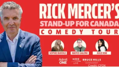 Rick Mercer Stand Up for Canada Tour promotional image showcasing Rick Mercer and guest comedians Sophie Buddle, Mayce Galoni, and Julie Kim.