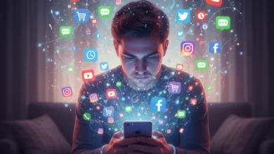 Person using a smartphone surrounded by app notifications, illustrating smartphone use and smartphone addiction.