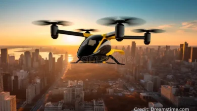A futuristic flying car eVTOL flying above a modern city skyline, showcasing urban air mobility.