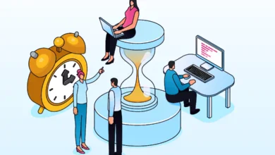 biggest changes in technology over time illustration showing people using laptops and computers, an hourglass and a large clock, symbolizing digital transformation across generations.