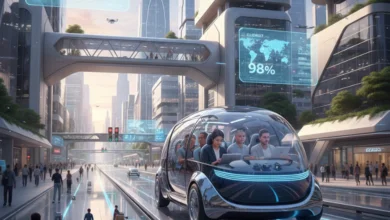 Hands-free autonomous vehicle driving through a modern smart city, illustrating global progress in self-driving technology