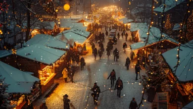Mill Lake Christmas Market Preview: Snowy evening market scene with festive booths, twinkling lights, and visitors enjoying the holiday atmosphere