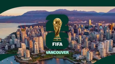 Aerial view of downtown Vancouver with FIFA World Cup trophy graphic representing FIFA World Cup 2026 Vancouver