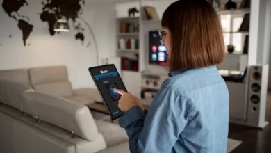 Woman controlling smart home devices on tablet representing smart homes in Canada and AI-powered home automation