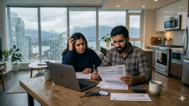 Young couple in Vancouver reviewing expensive BC car insurance renewal costs.