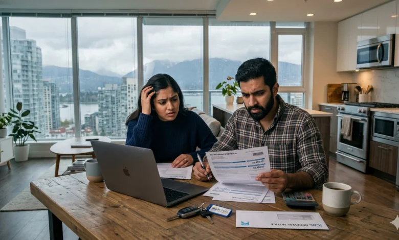 Young couple in Vancouver reviewing expensive BC car insurance renewal costs.