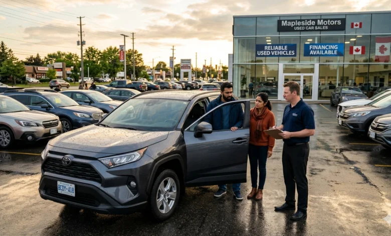 South Asian couple inspecting a used SUV at a Canadian dealership before buying