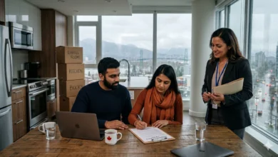 Young renters in a Vancouver apartment reviewing tenant insurance paperwork with a landlord.