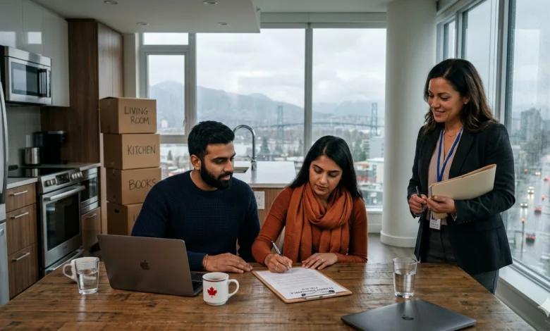 Young renters in a Vancouver apartment reviewing tenant insurance paperwork with a landlord.