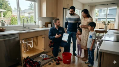 Licensed plumber discussing plumbing repair costs with a family inside a BC home kitchen
