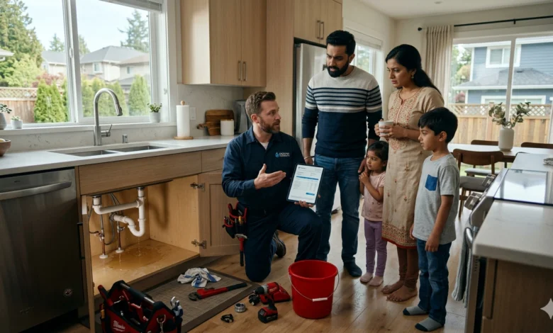 Licensed plumber discussing plumbing repair costs with a family inside a BC home kitchen