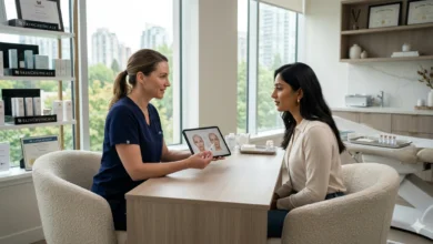 Professional cosmetic injector consulting a woman about Botox and fillers in a modern Vancouver clinic