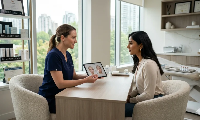 Professional cosmetic injector consulting a woman about Botox and fillers in a modern Vancouver clinic